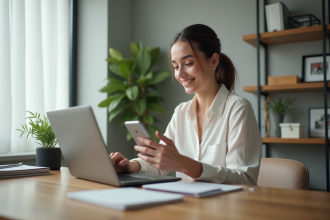 Jeune femme au bureau à domicile souriante et organisée