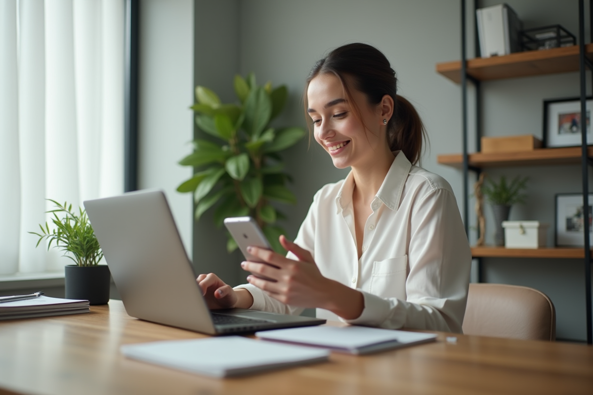 Jeune femme au bureau à domicile souriante et organisée