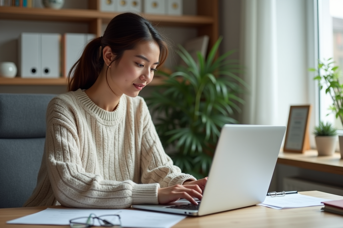 Jeune femme en bureau à domicile saisit des chiffres sur un ordinateur