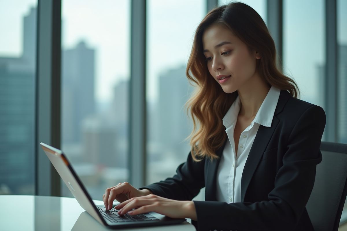 Femme professionnelle tapant sur une tablette dans un lounge urbain