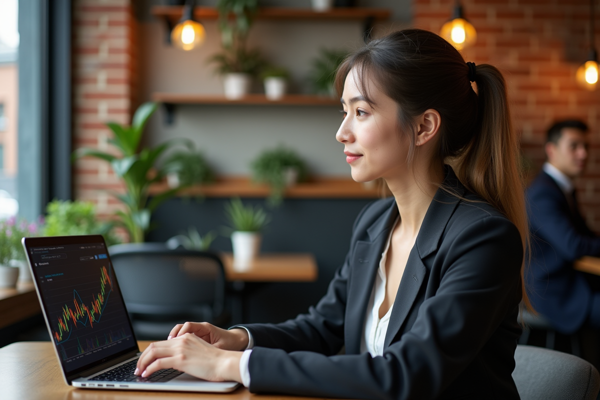 Jeune femme travaillant sur un ordinateur dans un café