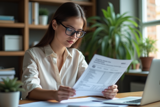 Femme vérifiant une facture d'assurance auto dans son bureau
