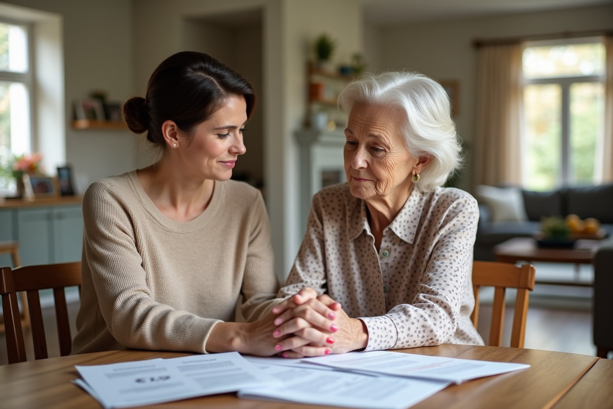 Jeune femme et femme âgée discutant de documents financiers à la maison