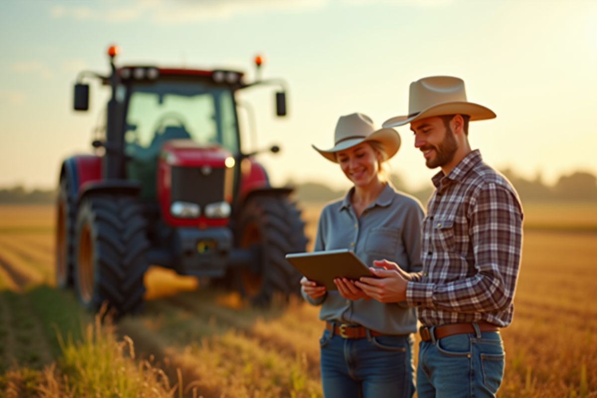 Groupes de fermiers utilisant une tablette dans un champ ensoleille