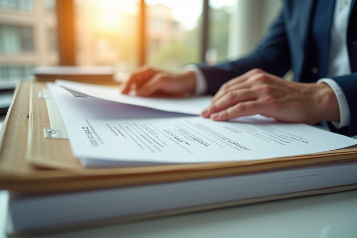 Main d’un professionnel classant des dossiers officiels dans un bureau lumineux