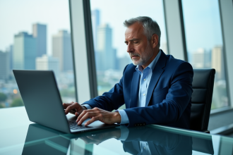 Homme d'affaires en costume bleu analysant des graphiques financiers