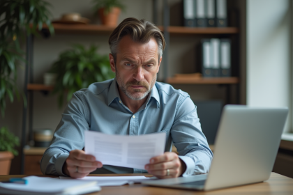 Homme d'affaires lisant une lettre pr&eacute;occup&eacute; dans un bureau