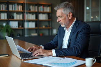 Homme d'affaires en costume bleu travaillant à son bureau