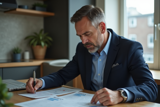 Homme d affaires en costume bleu examine des relevés financiers