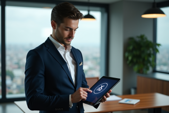 Jeune homme d'affaires vérifiant des données financières avec XRP