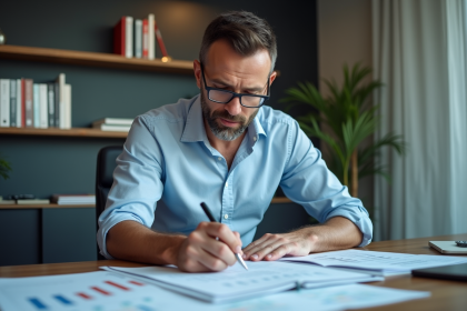 Homme d'âge moyen analysant des feuilles de calcul au bureau