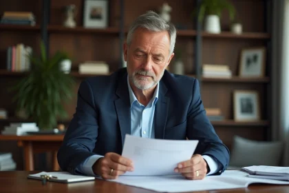 Homme d'âge moyen en costume bleu dans un bureau moderne