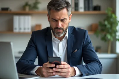 Homme d'âge moyen avec ordinateur et smartphone pour bitcoin