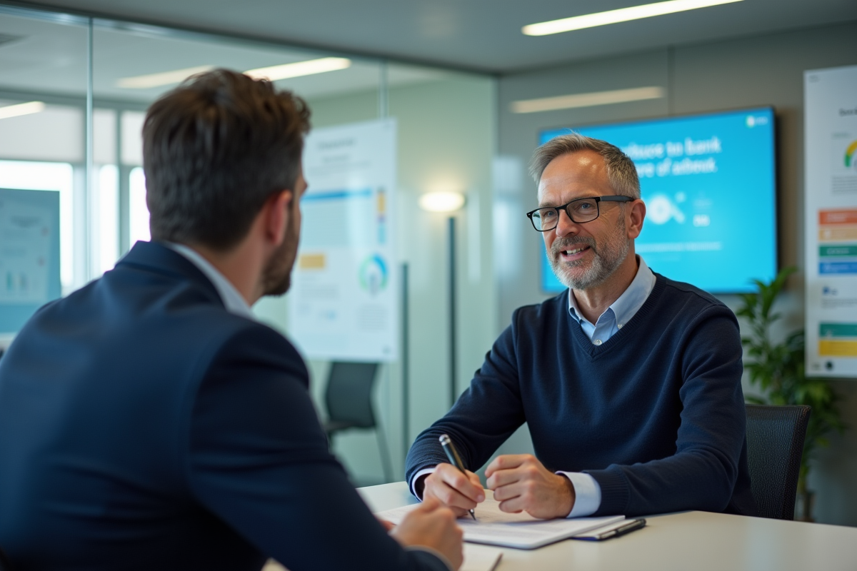 Homme discutant avec un conseiller bancaire dans une agence moderne