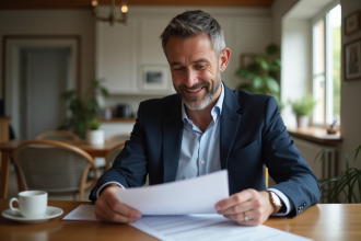 Homme d'affaires souriant examinant des documents dans un appartement moderne