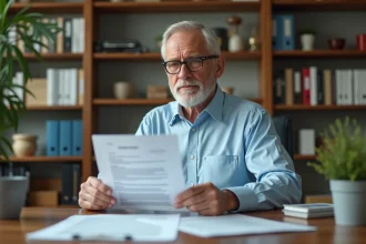 Un homme de 55 ans consulte des documents d'assurance vie à son bureau à domicile, illustrant la désignation de bénéficiaires et les montants perçus