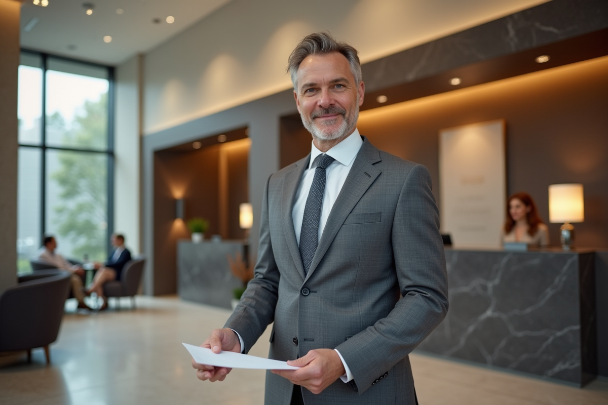 Homme en costume dans une banque remettant un document