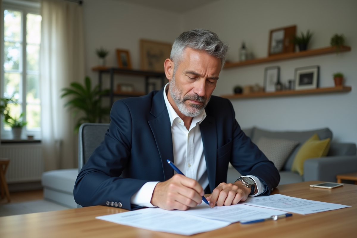 Homme d'âge moyen remplissant documents fiscaux chez lui