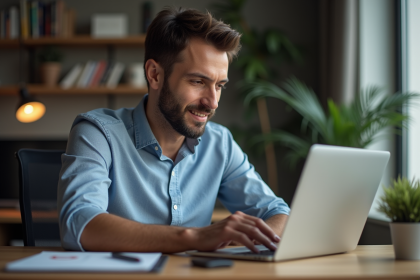 Homme concentré sur un tableau de bord crypto dans un bureau moderne