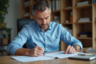 Homme d'âge moyen lisant un contrat d'assurance dans un bureau moderne