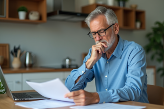 Homme d'âge moyen lisant des documents dans une cuisine moderne