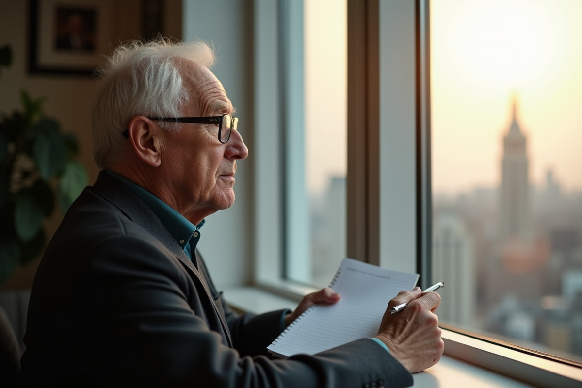 Homme age regardant par la fenetre avec un carnet