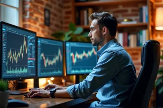 Homme concentré devant ses écrans de minage bitcoin modernes