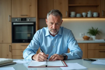 Homme d'âge moyen remplissant un chéquier dans une cuisine lumineuse