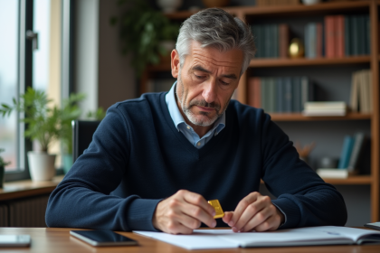 Homme d'âge moyen examine une barre d'or dans un bureau