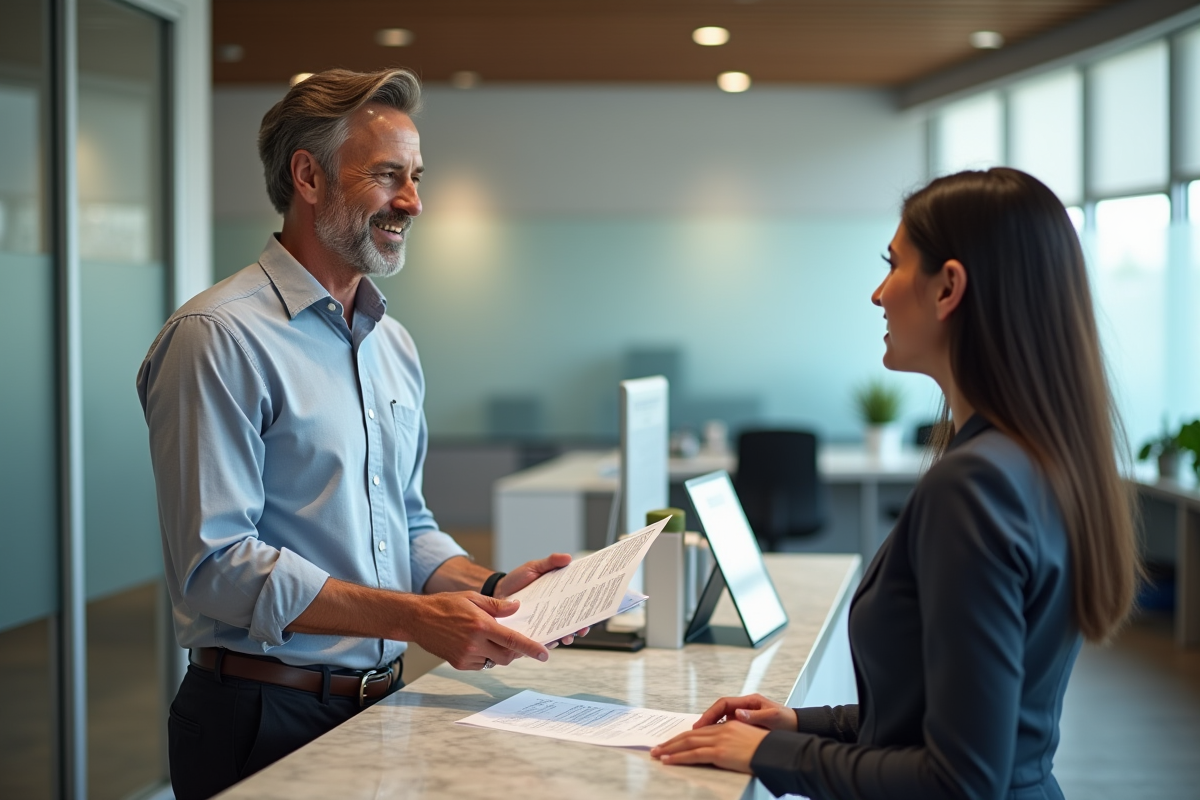 Homme remettant des documents à une agente d