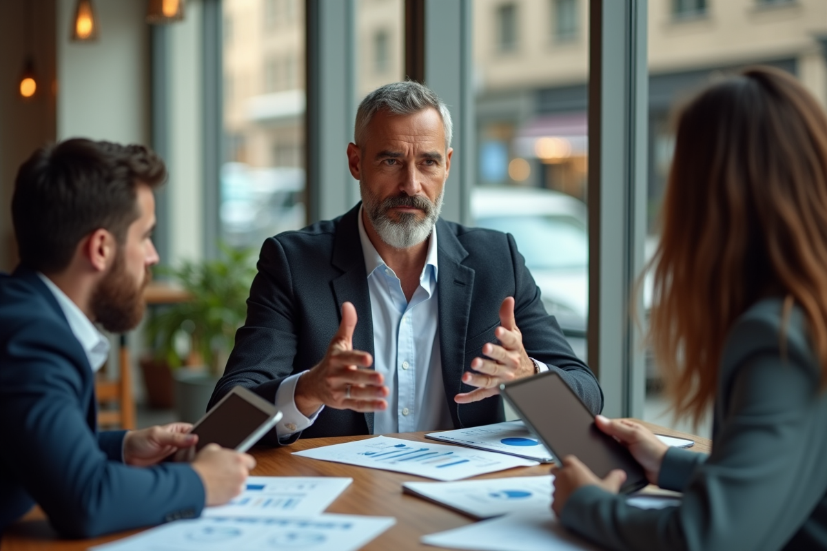 Homme en réunion dans un café avec collègues et table