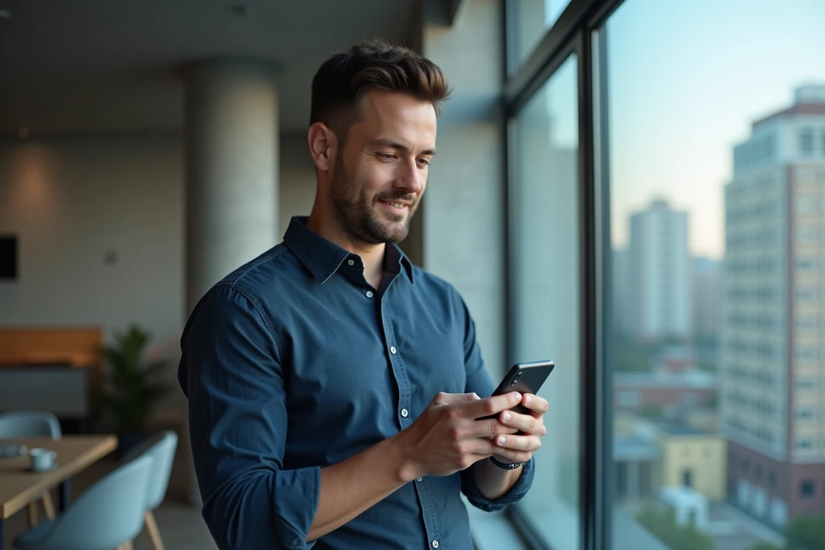 Homme consultant son RIB bancaire sur smartphone via l'application Logitelnet en ligne