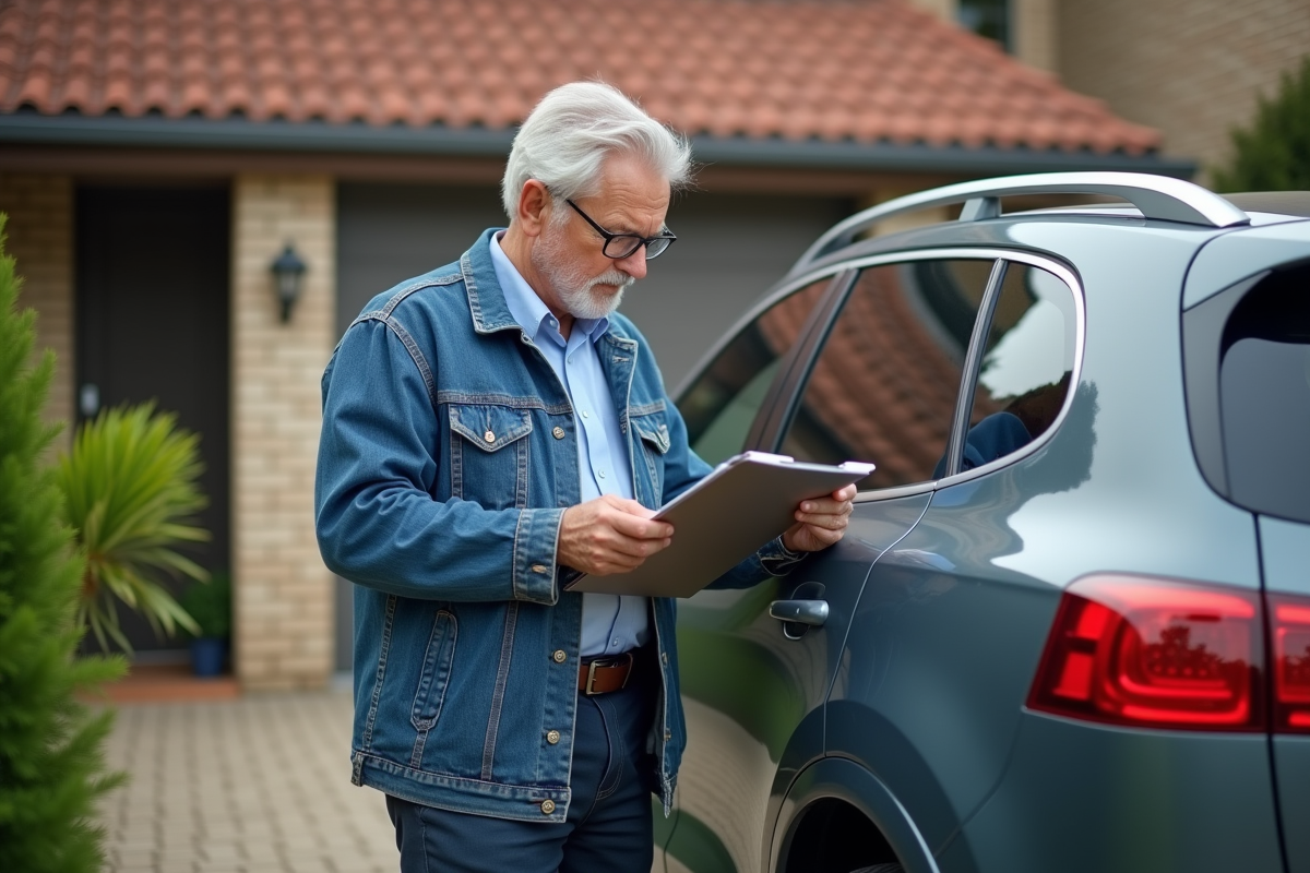 Homme vérifiant les dommages sur sa voiture en extérieur
