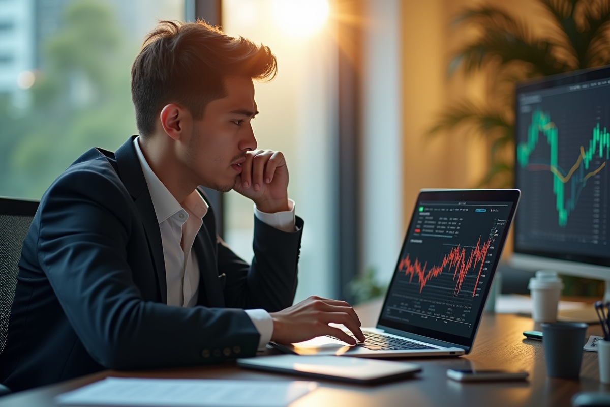 Jeune investisseur stressé analysant graphiques financiers