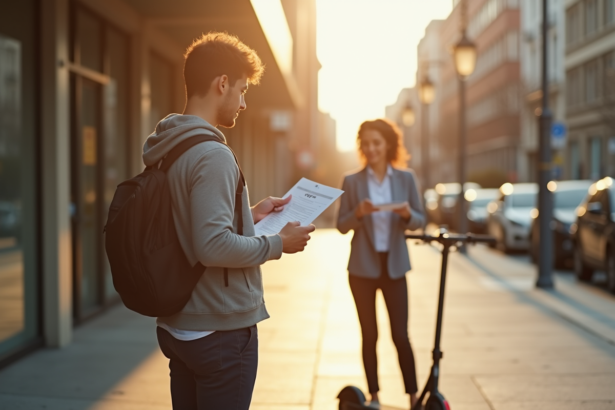 Jeune adulte tenant un formulaire officiel et un scooter électrique neuf