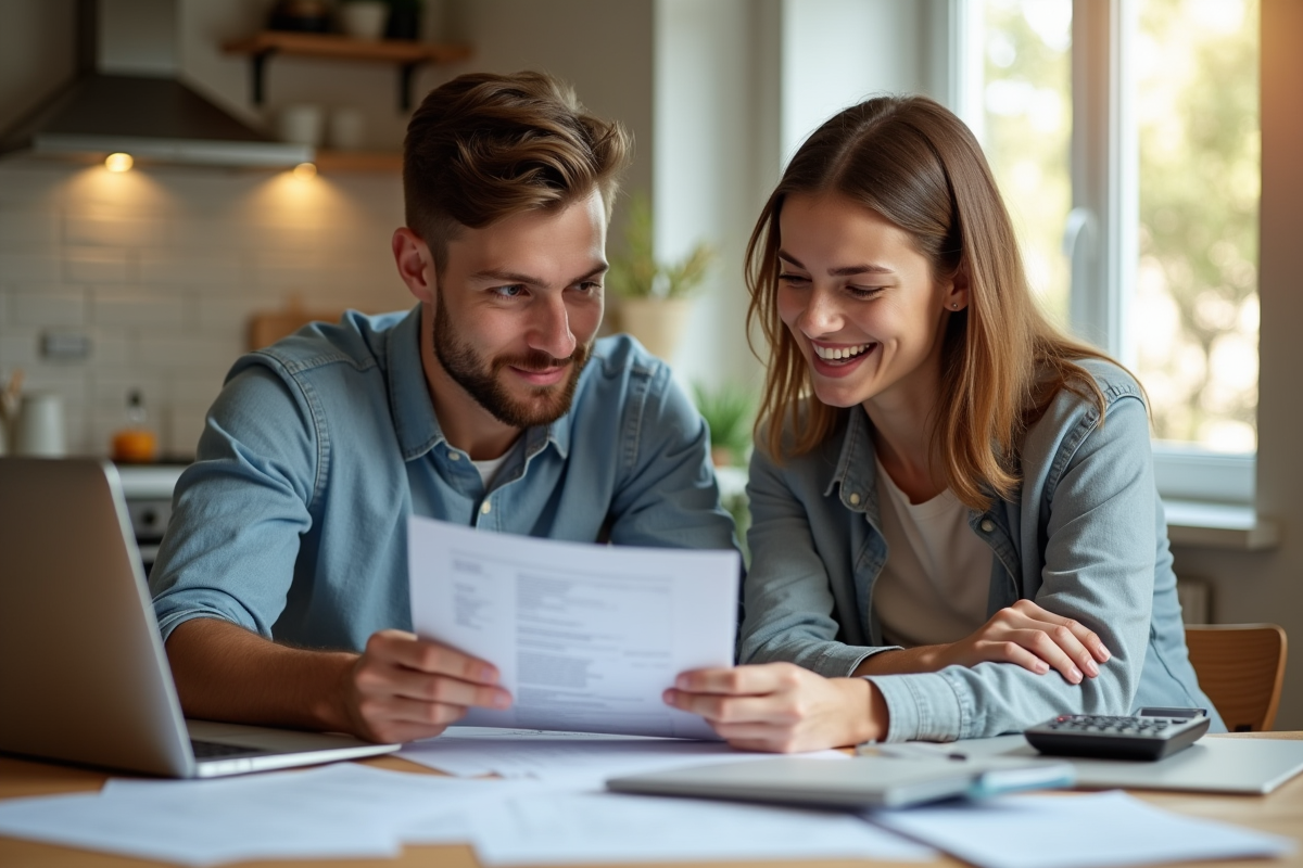 Jeune couple analysant des documents fiscaux à la maison
