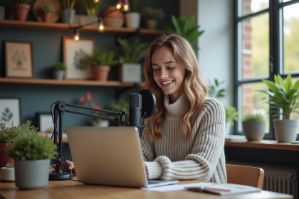 Jeune femme parlant dans un micro de podcast dans un bureau cosy