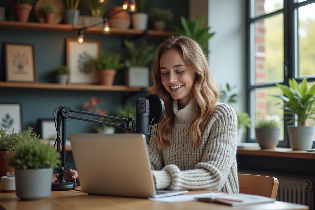 Jeune femme parlant dans un micro de podcast dans un bureau cosy
