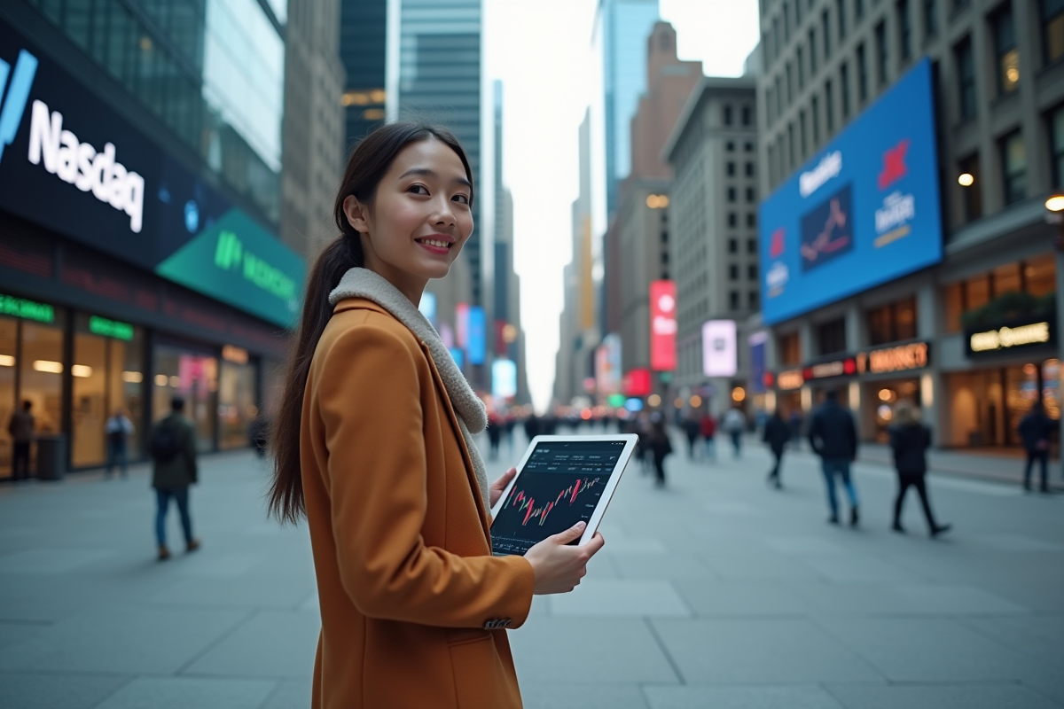 Jeune femme avec tablette affichant un graphique Nasdaq en ville