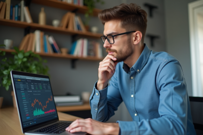 Jeune homme en bureau analyse un graphique digital