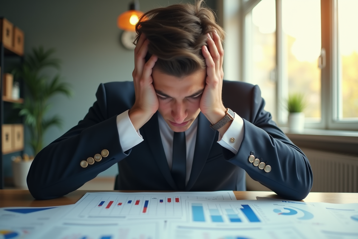 Jeune homme en costume face à des graphiques financiers