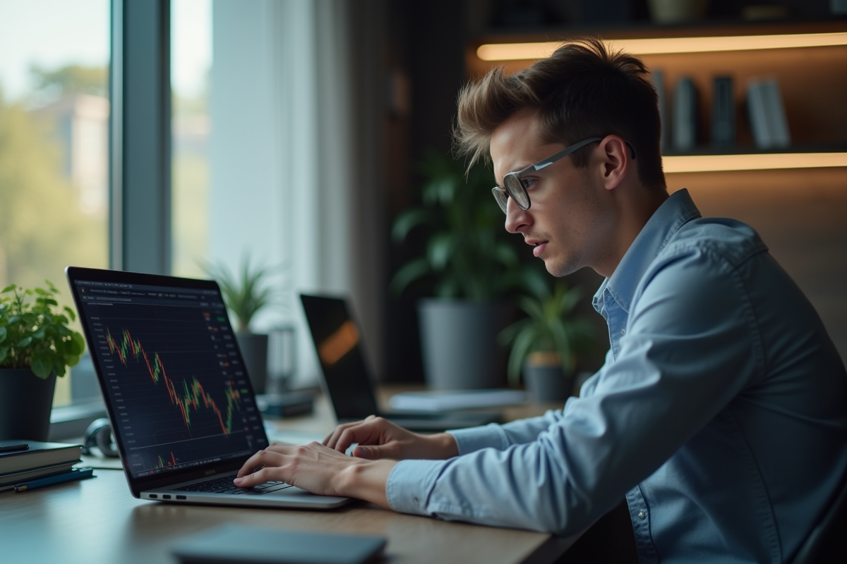 Jeune homme inquiet devant un ordinateur en trading