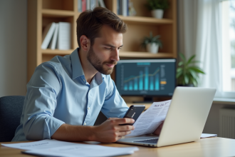 Jeune homme en tenue décontractée travaillant sur son ordinateur dans un bureau organisé