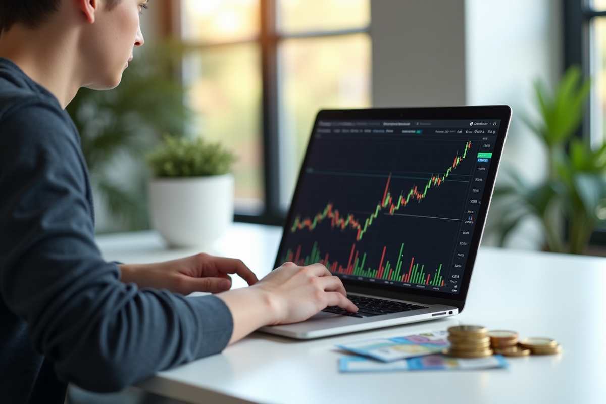 Jeune personne utilisant un ordinateur pour trader des cryptomonnaies à domicile