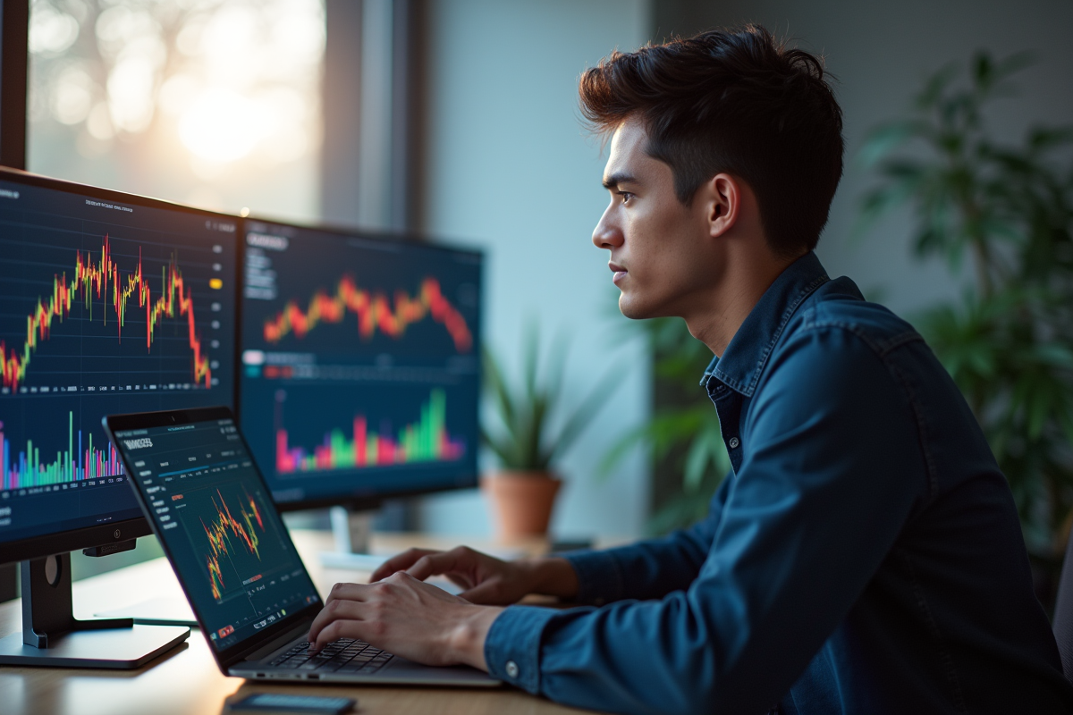Jeune professionnel analysant graphiques de cryptomonnaies