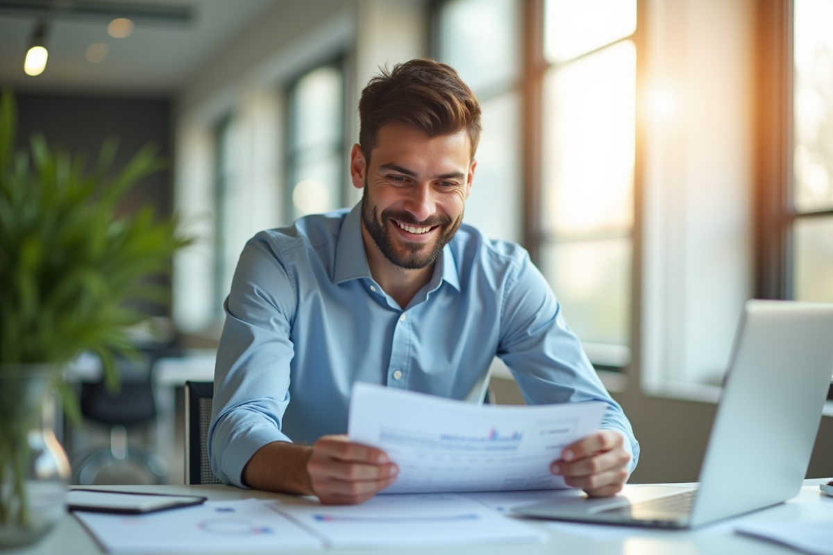 Jeune professionnel confiant examinant des documents financiers