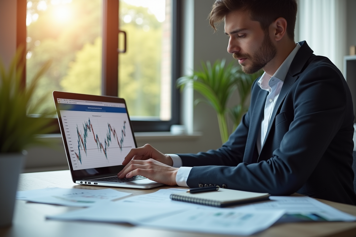 Jeune professionnel analysant un graphique financier sur un ordinateur portable