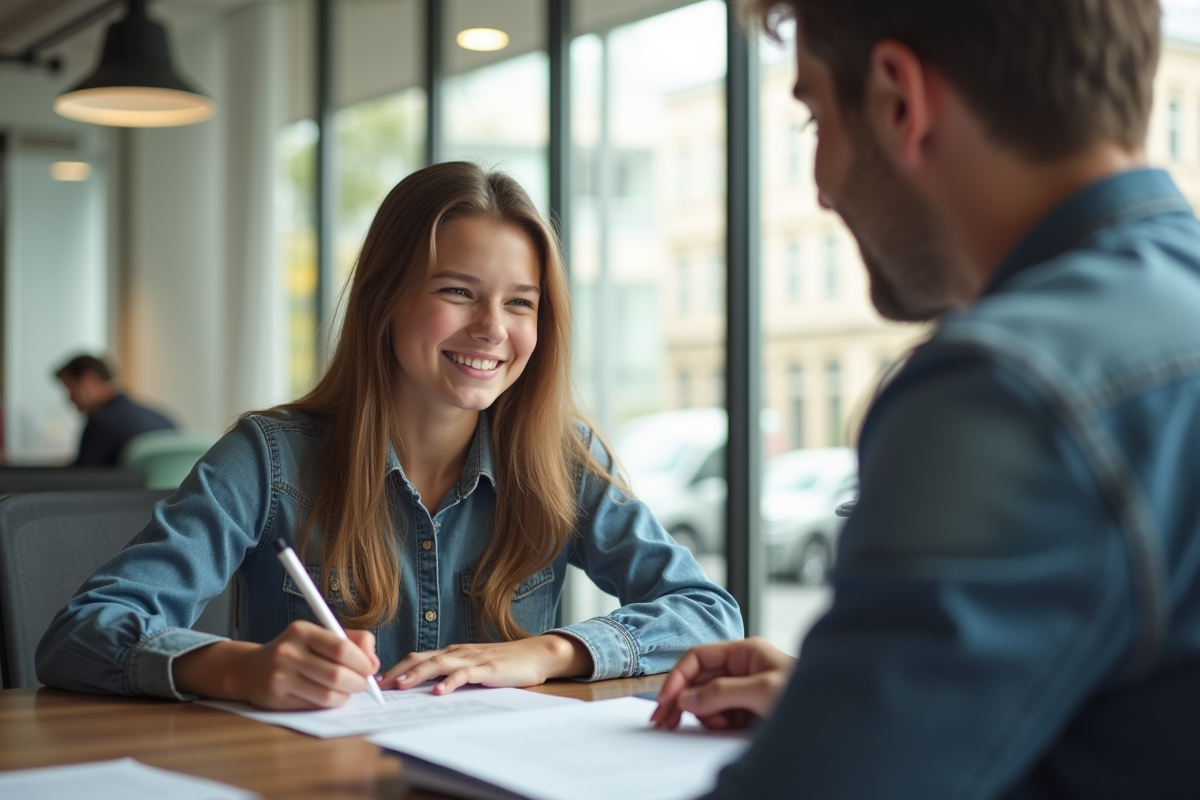 Jeune souriante remplissant un formulaire bancaire lors d'une ouverture de compte