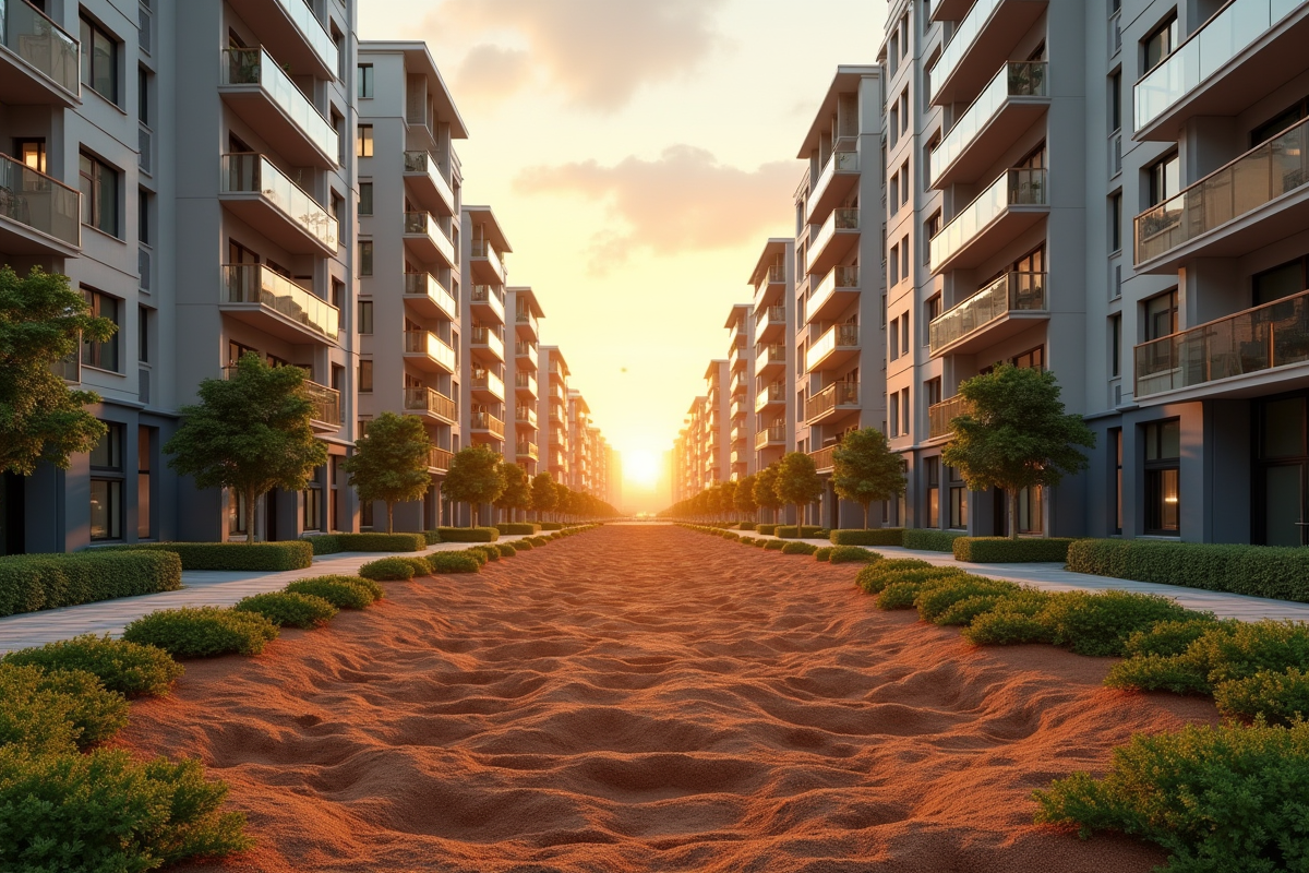 Terrain urbain au lever du soleil avec immeubles modernes