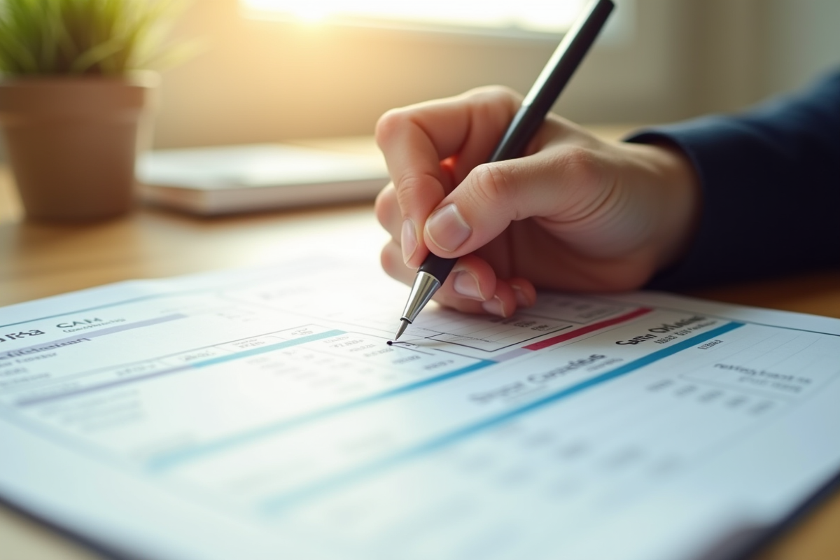 Main utilisant un stylo pour barrer des intérêts sur un document financier